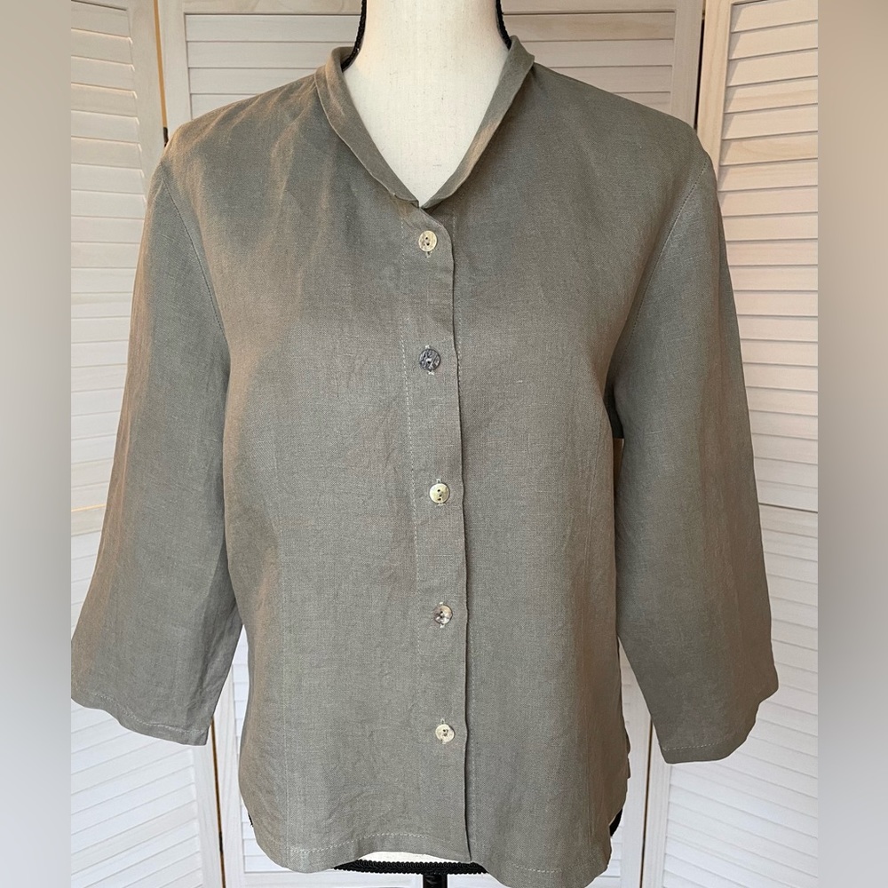 Monika Turtle Studio Womens Linen Blouse L Khaki Green Top Button Up USA